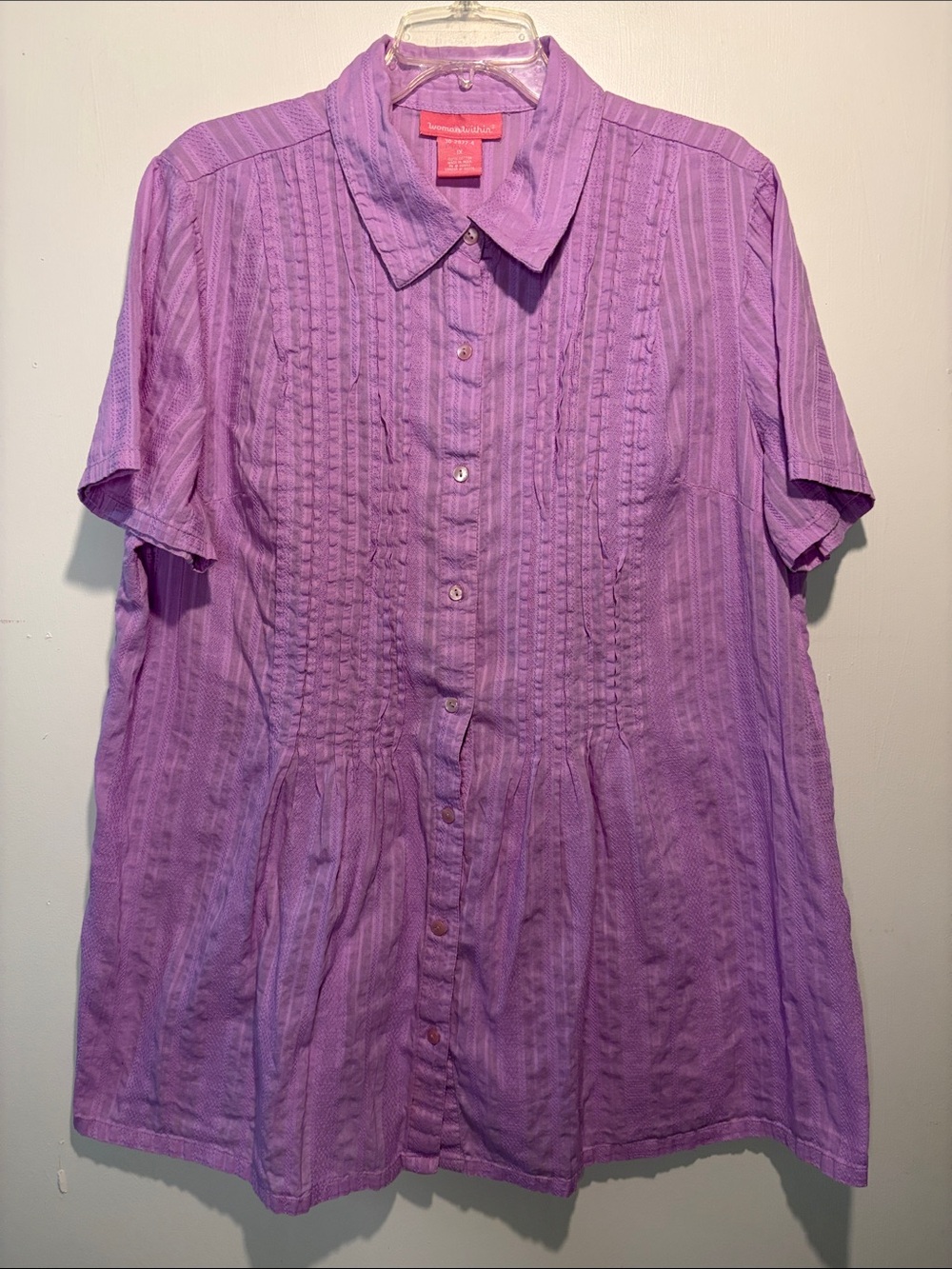 Woman Within 100% Cotton Purple Tunic Blouse Gauzy Collar Lace Boho Size 1X
